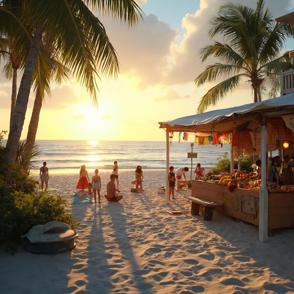 Miami Beach Uncovered: Your Ultimate September Travel Guide Early morning at a local Miami Beach farmer's market with a yoga class by the ocean, colorful produce stands, artisan booths, and a small cafe opening.