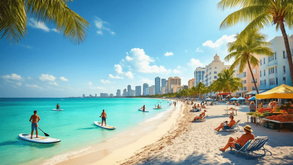 "Sunlit Miami Beach in November with turquoise waters, fewer crowds, people enjoying activities like paddleboarding, a small farmer's market, and iconic Art Deco buildings in the background."