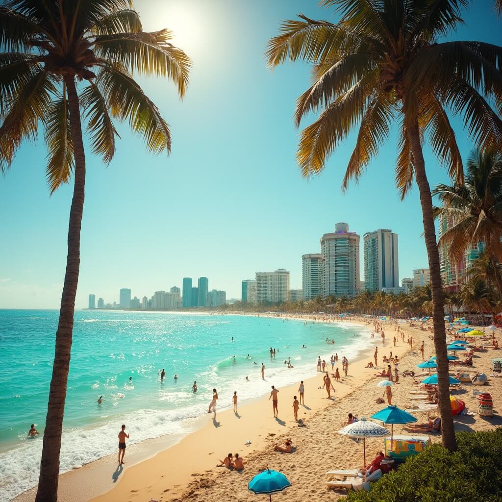 Sunlit Miami Beach in October featuring turquoise waters, swaying palm trees, colorful beach umbrellas, people playing volleyball and paddleboarding, and distant view of pastel-colored South Beach Art Deco buildings.