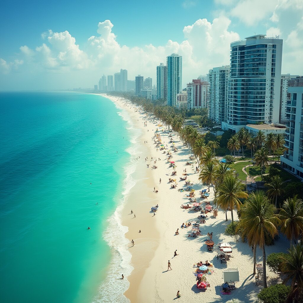 Sun-drenched Miami Beach panorama with palm trees, white sand, turquoise waves, lounging beachgoers, high-rise buildings, and a clear blue sky.