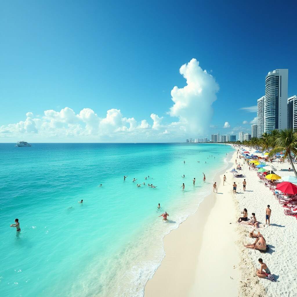 Why Miami Beach in August is Your Ultimate Summer Paradise (And What No One Tells You) Vibrant Miami Beach with crystal-clear turquoise waters, white sand, palm trees, vibrant beach umbrellas, people playing volleyball, practicing yoga and snorkeling, and the modern Miami skyline in the distance.