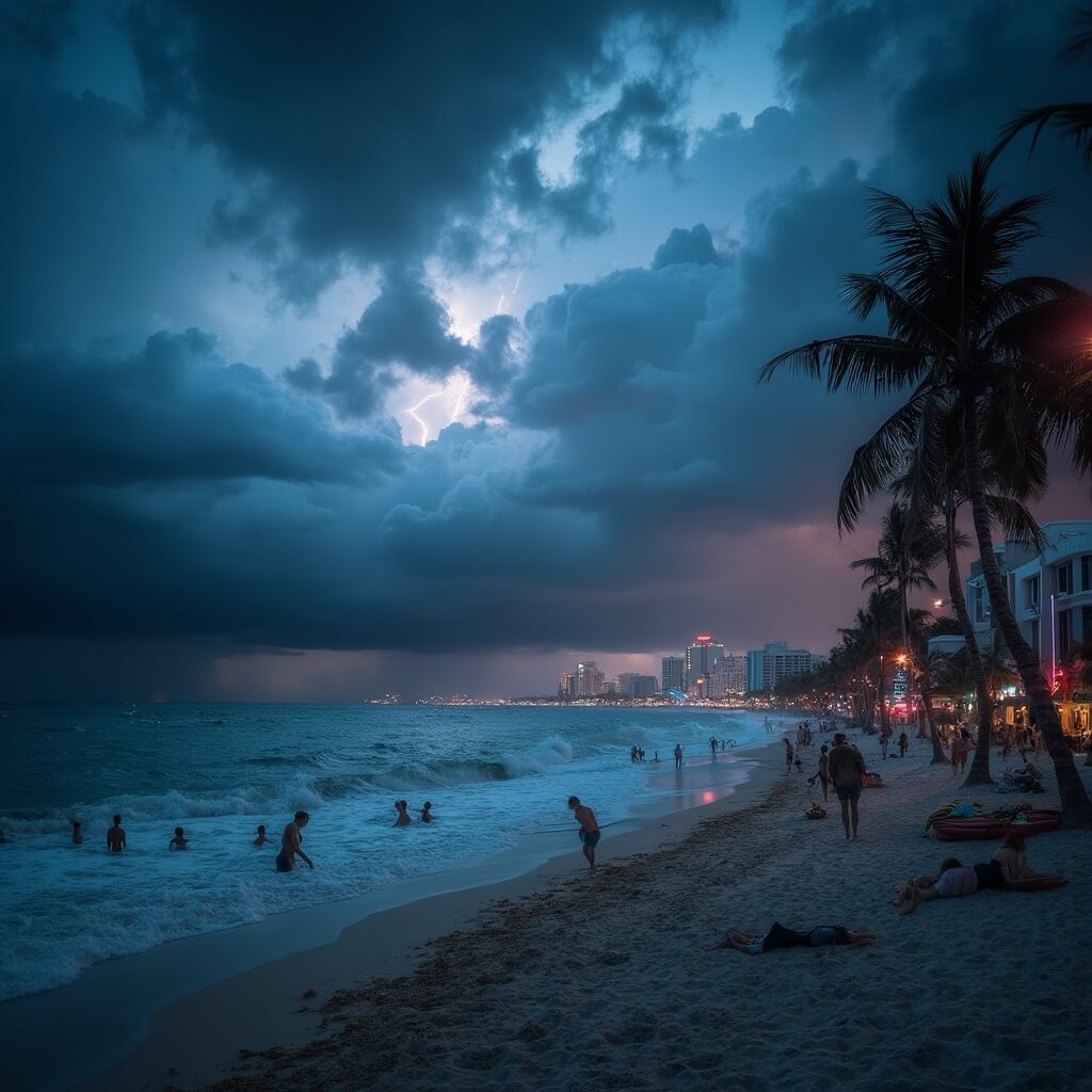 Unraveling Miami Beach's Wild Weather: Your Ultimate Survival Guide Thunderstorm approaching Miami Beach at dusk, with dark clouds, lightning, palm trees in strong wind, waves crashing on shore, beachgoers packing up, swimmers in choppy waters, and Art Deco buildings silhouetted against the stormy sky.