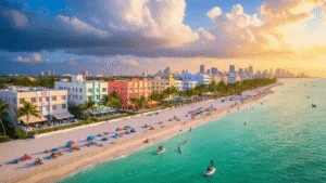 South Beach Unleashed: Your Ultimate July Travel Guide "Aerial view of vibrant South Beach Miami with colorful Art Deco buildings, busy beaches, turquoise waters, outdoor cafes, beach yoga, and approaching storm clouds at sunset during peak summer season."
