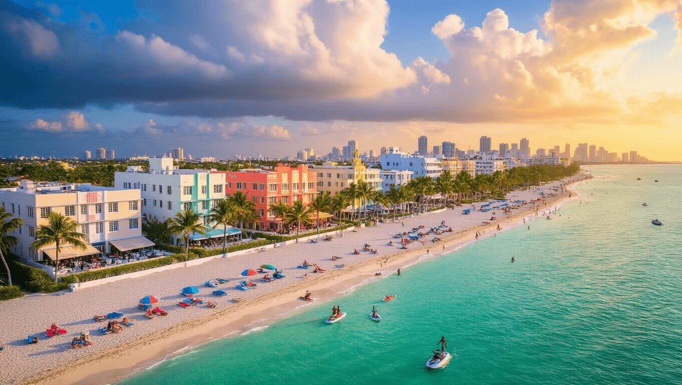 Miami Beach: The Ultimate July Playground You Never Knew You Needed Sunny Miami Beach scene in July with golden sand, palm trees, beachgoers, turquoise ocean with water sports, and a pastel-colored lifeguard tower.