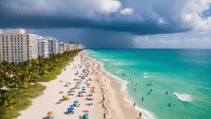Miami in August: Your Sizzling Guide to Heat, Humidity, and High-Octane Fun "Aerial view of Miami Beach with crystal blue waters, white sandy beaches, colorful umbrellas, dark thunderclouds over the ocean, sunbathers, palm trees, luxury hotels on Ocean Drive, people doing water activities, in a hyper-realistic style with intense summer heat, visible heat waves, and a bright, saturated color palette during golden hour"