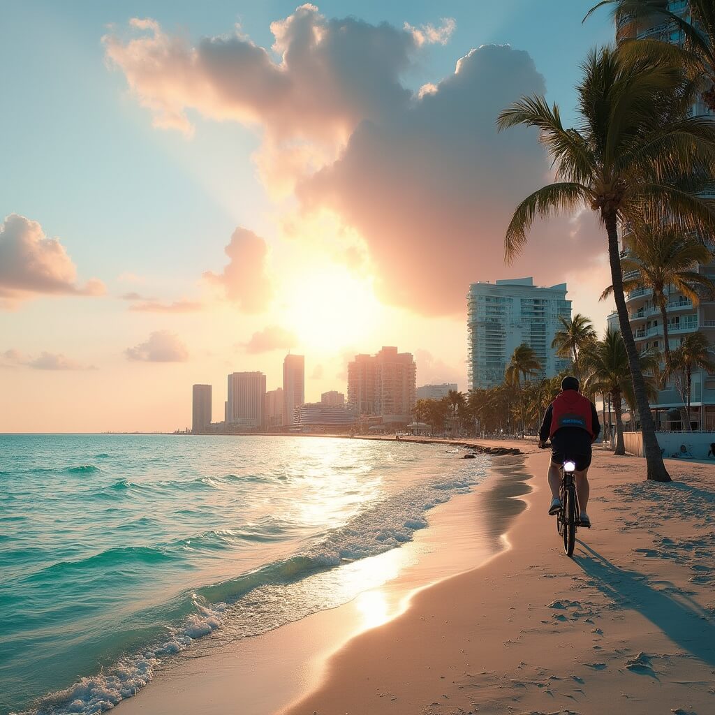 A lone cyclist riding along the uncrowded Miami Beach Boardwalk at sunrise, with palm trees, Art Deco buildings in the distance, and turquoise waters reflecting the pink, orange, and gold hues of the sky.