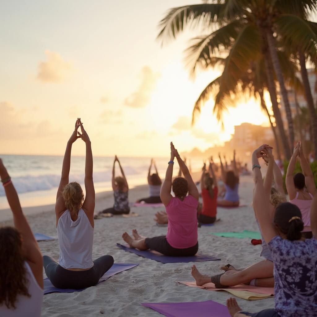 Miami Beach in May: Your Ultimate Tropical Paradise Decoded Aerial sunrise view of Miami Beach highlighting art deco structures and modern skyscrapers, beach yoga session, beach clean-up crew, paddle boarders on turquoise waters, swaying palm trees, and early morning joggers on boardwalk.