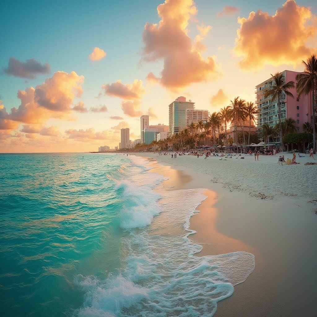 Why South Beach in June Will Make Your Summer Epic (Without Breaking the Bank) Panoramic view of South Beach Miami during golden hour with clear turquoise waters, white sandy beach, pastel art deco buildings, and silhouetted palm trees, ultra realistic photography style