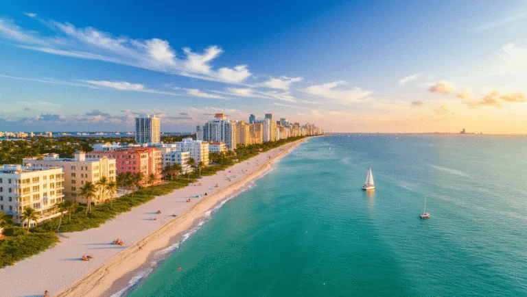 Miami in October: Your Ultimate Tropical Playground Awaits (Without the Summer Sweat) "Aerial drone shot of Miami Beach at sunset in October, featuring turquoise waters, white sandy beaches, palm trees, Art Deco buildings of South Beach, sailboats, and beachgoers in perfect weather conditions."