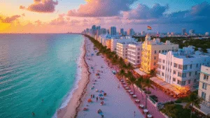 Miami Beach in April: Your Ultimate Escape to Paradise Unleashed "Aerial view of Miami Beach at sunset with Art Deco buildings, turquoise waters, sandy beaches, palm trees, people, boats, pride flags, and outdoor café tables."