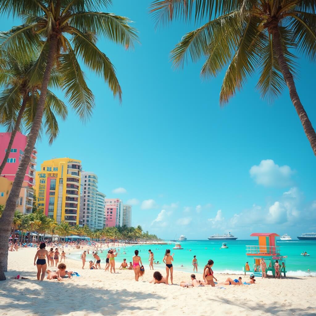 Miami Beach in May: Your Ultimate Tropical Paradise Decoded Sunny Miami Beach scene with turquoise waters, white sand beach, palm trees, colorful Art Deco buildings, people sunbathing, playing volleyball and swimming under a bright blue sky