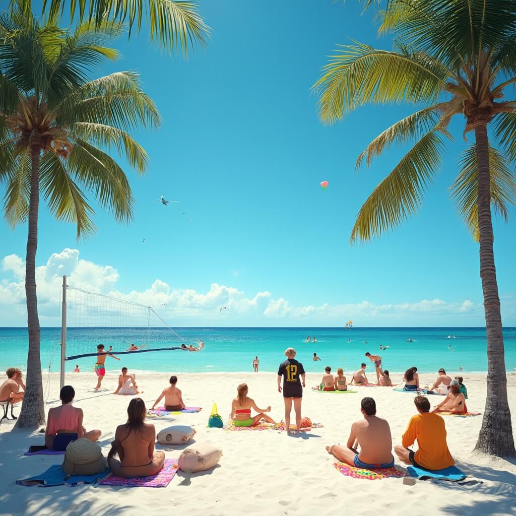 Beachgoers enjoying a sunny December day on Miami Beach with palm trees, clear blue ocean and sky, and activities like volleyball and sandcastle building.