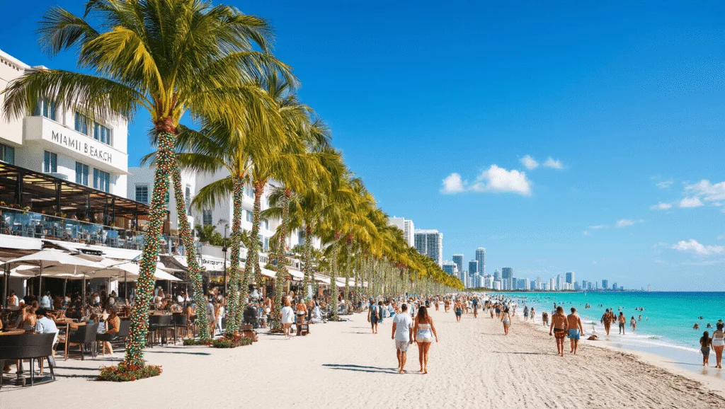 Escape the Winter Chill: Why Miami Beach in December is Your Ultimate Getaway "Sunny December Miami Beach scene showing holiday-lit palm trees, Art Basel exhibits, people in summer attire, rooftop bars and outdoor dining, embodying a winter paradise vibe."