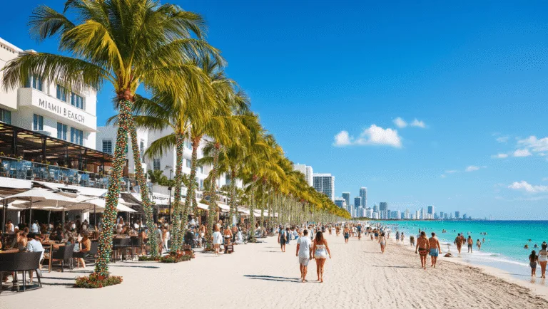 Escape the Winter Chill: Why Miami Beach in December is Your Ultimate Getaway "Sunny December Miami Beach scene showing holiday-lit palm trees, Art Basel exhibits, people in summer attire, rooftop bars and outdoor dining, embodying a winter paradise vibe."