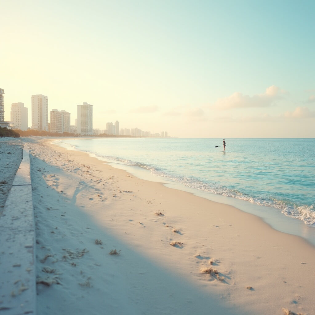 South Beach in February: Your Ultimate Warm Weather Escape Guide Early morning at South Beach with an empty sandy beach, boardwalk, lone paddleboarder, pastel Miami skyline in the background, and calm water reflecting the soft dawn light.