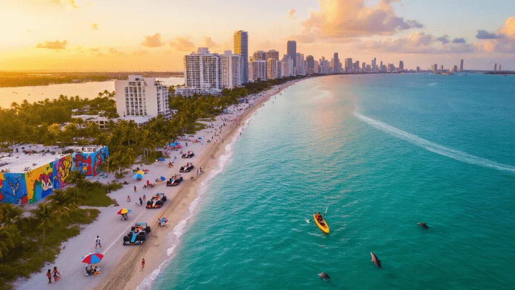 Miami in May: Your Ultimate Sun-Soaked Adventure Guide "Aerial view of Miami Beach with Formula 1 race cars, Wynwood Walls murals, kayaker in Biscayne Bay at sunset with dolphins, and vibrant Miami skyline with local crowd enjoying outdoor activities."