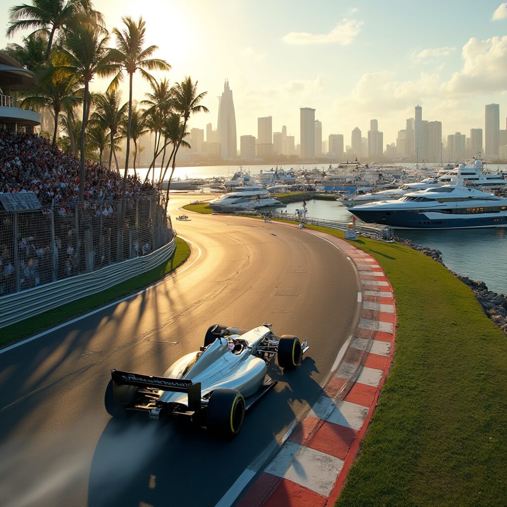 Miami Beach in May: Your Ultimate Tropical Paradise Decoded Aerial view of a Formula 1 race car speeding along a coastal track in Miami, with the city skyline, ocean, spectator stands, palm trees and yachts lining the marina visible in the golden late afternoon light.