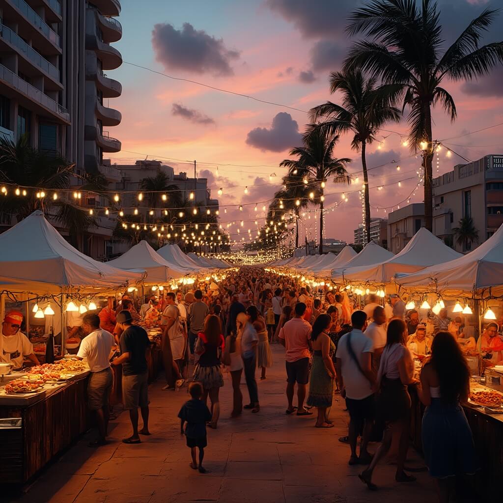 Why Miami Beach in August is Your Ultimate Summer Paradise (And What No One Tells You) Diverse crowd enjoying an outdoor food festival in Miami at dusk, under glowing string lights, with chefs at food stalls serving African, Caribbean, and Latin cuisines, with a backdrop of palm trees, Art Deco buildings, and a colorful sunset.