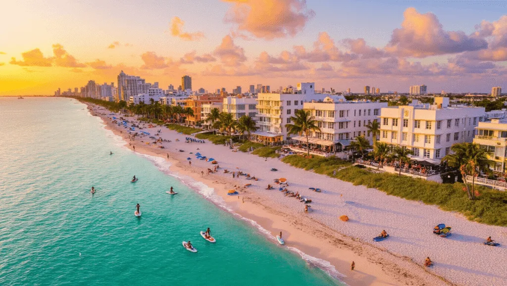 "Aerial view of Miami Beach at sunset in October, featuring Art Deco buildings with Halloween decorations, palm trees, turquoise waters, white sand beaches, beachgoers, paddleboarders, jet skiers, rooftop bars and colorful umbrellas"