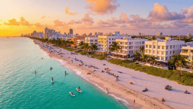 Miami Beach in October: Your Ultimate Tropical Escape Guide "Aerial view of Miami Beach at sunset in October, featuring Art Deco buildings with Halloween decorations, palm trees, turquoise waters, white sand beaches, beachgoers, paddleboarders, jet skiers, rooftop bars and colorful umbrellas"