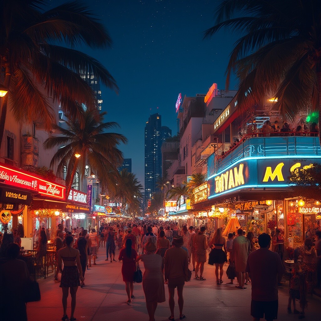 Miami Beach in October: Your Ultimate Tropical Escape Guide Halloween celebrations on a vibrant night in Miami Beach with costumed partygoers, neon-lit Art Deco hotels, decorated storefronts and palm trees. Rooftop bar full of people, street performers, food vendors and distant skyscrapers under a starry sky can be seen.