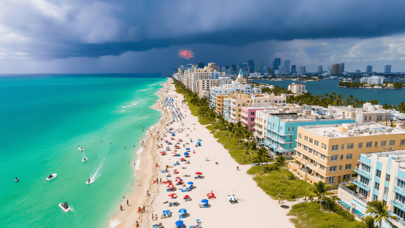 "Aerial view of Miami Beach in summer with turquoise waters, white sandy beaches, colorful umbrellas, Art Deco buildings, beachgoers, sailing boats, dramatic storm clouds over Biscayne Bay, and a Fourth of July firework."