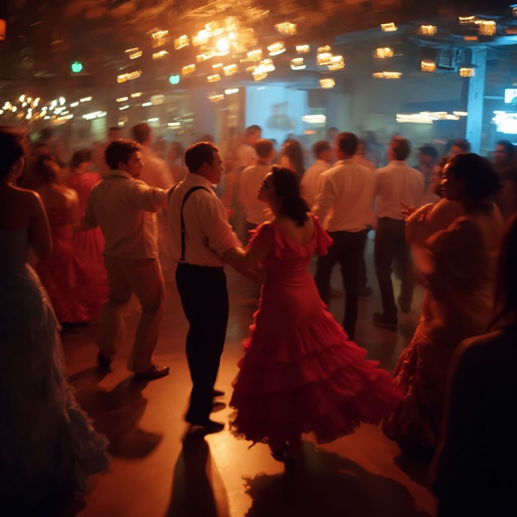 Why Miami Beach in August is Your Ultimate Summer Paradise (And What No One Tells You) Dancers in traditional Latin attire performing salsa in a dimly lit club in Miami's Design District, captured in motion blur under warm amber and deep blue lighting