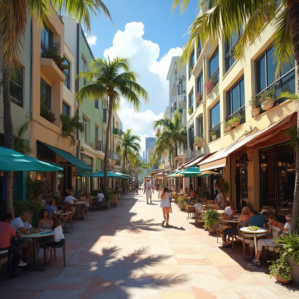 South Beach Unleashed: Your Ultimate July Travel Guide Bustling Lincoln Road in Miami with outdoor cafes, tropical plants, diverse crowd, modern architecture, bright sunlight, colorful restaurant faces, on a busy pedestrian street