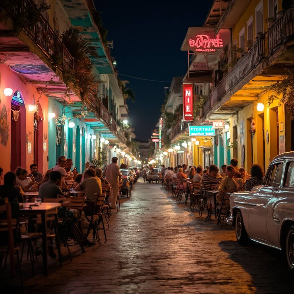 Miami Beach in April: Your Ultimate Escape to Paradise Unleashed Colorful nighttime street scene in Little Havana, Miami with illuminated murals, neon signs, street performers, outdoor cafes, vintage cars, and vibrant cultural ambiance.