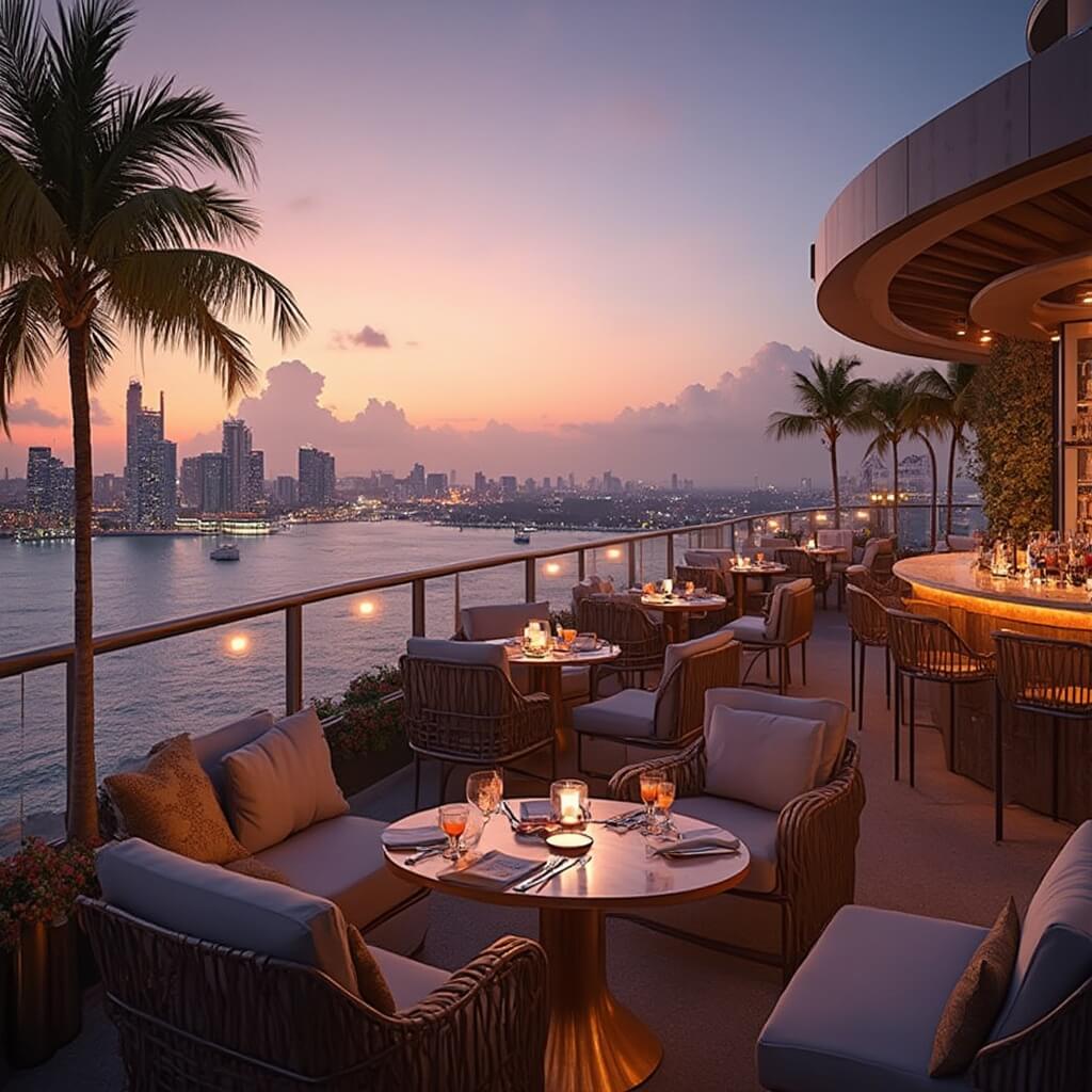 South Beach Unleashed: Your Ultimate July Travel Guide Elegant rooftop restaurant with modern furniture overlooking Miami skyline at sunset, showcasing city lights, tropical cocktails, and palm silhouettes against orange and pink sky