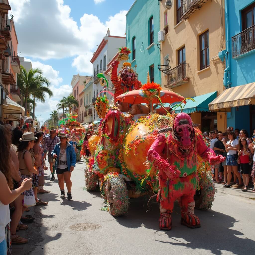 Why January is Miami's Best-Kept Travel Secret (And Why You Need to Go NOW) Colorful floats, performers in quirky costumes and joyous spectators at the King Mango Strut Parade in Miami, with historic pastel buildings and neon signs in the background.