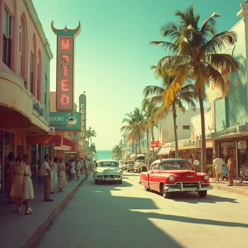 Vintage cars and stylish people on sun-drenched Ocean Drive, Miami, with palm trees, Art Deco buildings in pastel colors, and glimpses of the turquoise ocean in the background.