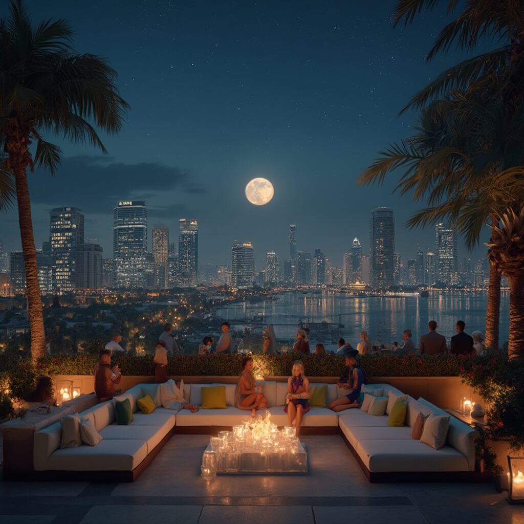 Why Miami in November is Your Ultimate Travel Paradise (Without the Summer Sweat) Elegant rooftop lounge in Miami at night with modern furniture, guests enjoying cocktails, potted palms, and Art Deco buildings under a starlit November sky.