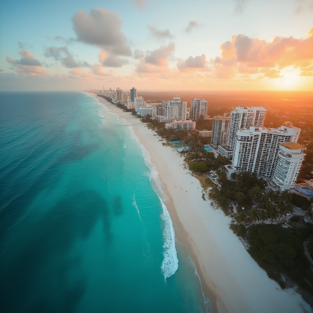 South Beach in May: Your Ultimate Paradise Escape (Without the Tourist Traps!) Aerial view of South Beach Miami at sunset with vibrant blue ocean, white sandy beach, luxury hotels, palm trees, and clear water with gentle waves