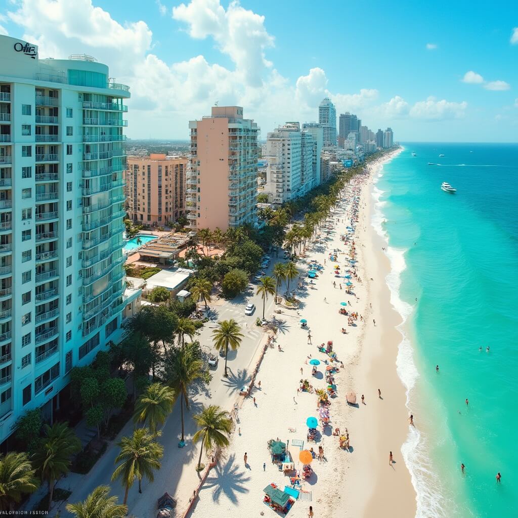 Aerial view of South Beach, Miami with Art Deco buildings, palm trees, azure ocean, white sandy beach and luxury yachts