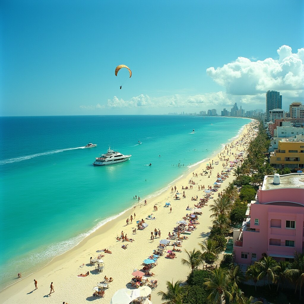 Miami in May: Your Ultimate Sun-Soaked Adventure Guide Aerial view of Miami's South Beach with turquoise waters, golden sand beaches, colorful art deco buildings, palm trees, beachgoers, yachts, and parasailers on a sunny day