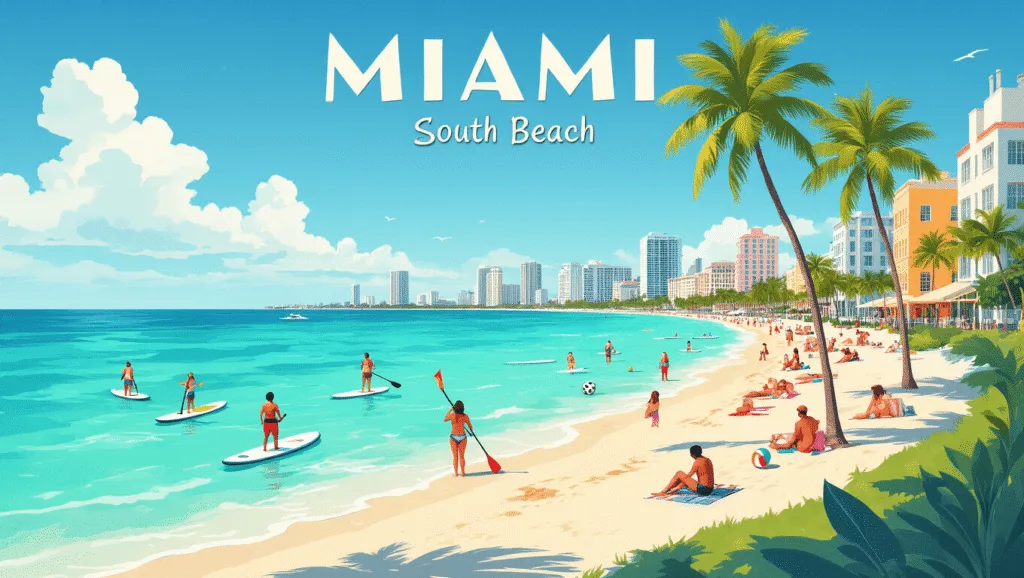 Sizzling Miami in April: Your Ultimate Insider's Guide to Sun, Culture, and Adventure "Illustration of Miami's South Beach in spring, featuring turquoise waters, palm trees, Art Deco architecture, and diverse beach activities; with subtle references to Miami Beach Pride Parade and Miami Film Festival."
