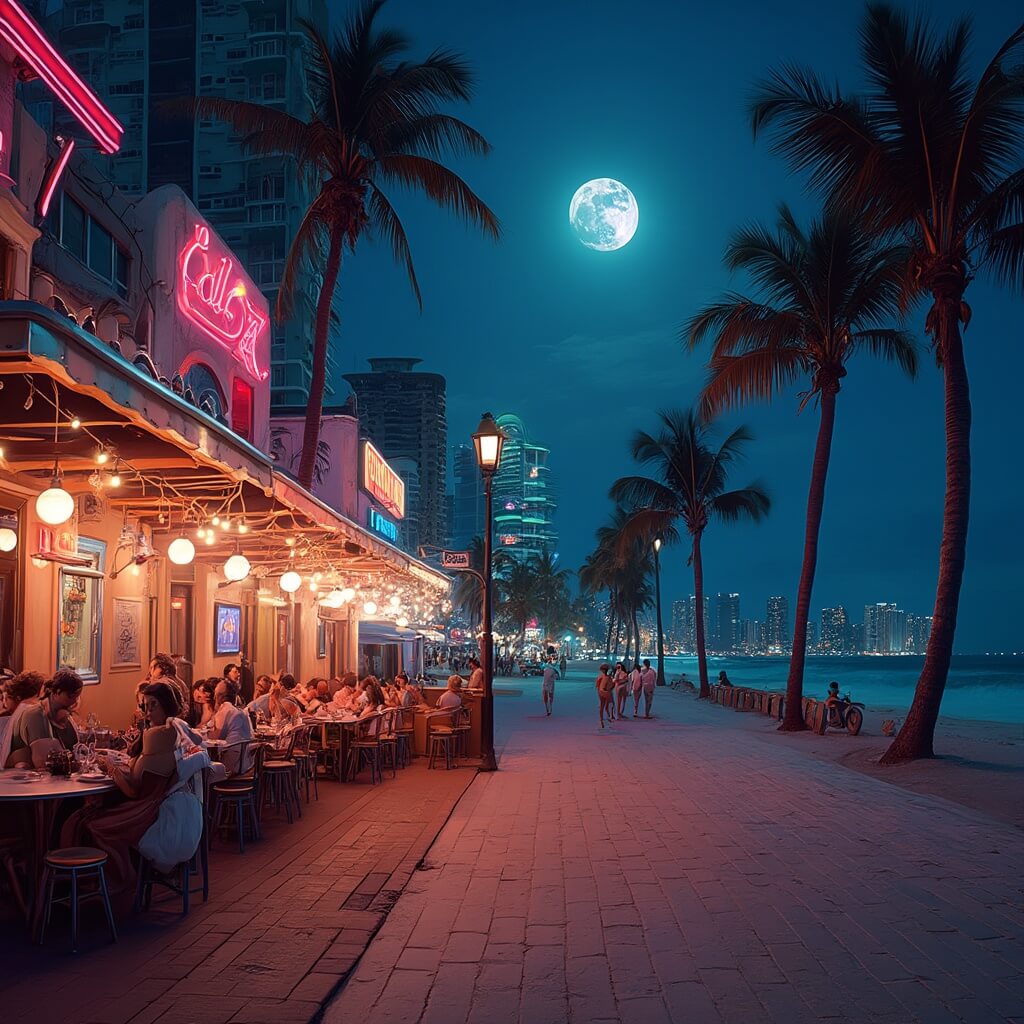 Miami's Sizzling Summer: Your Ultimate June Travel Guide Diners enjoying Cuban food at an outdoor cafe under string lights, with neon-lit Art Deco buildings along Ocean Drive, palm trees, and full moon over the ocean in the background, in Miami's South Beach.