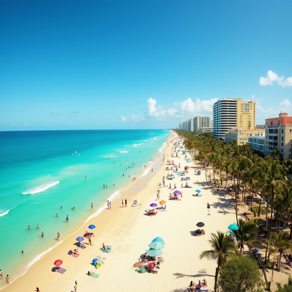 Miami Beach in March: Your Ultimate Beach Paradise Revealed! Panoramic view of South Beach, Miami with beach volleyball, Art Deco buildings, palm trees, sunbathers and colorful umbrellas along the golden sands.