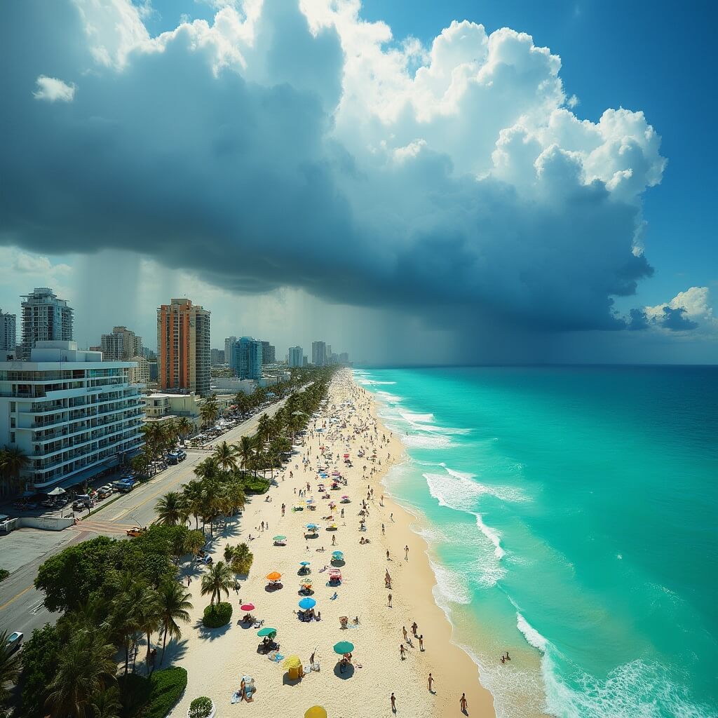 Aerial view of sunny South Beach, Miami with Art Deco buildings, palm trees, turquoise Atlantic waters, beachgoers with colorful umbrellas, and storm clouds in distance