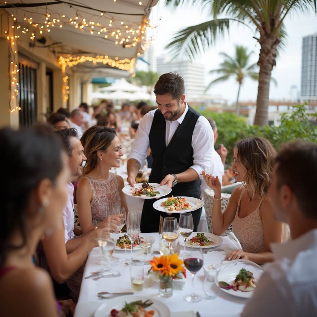 Why South Beach in August is Your Secret Summer Paradise (Even When It's Blazing Hot) Elegantly dressed diners at a bustling outdoor restaurant terrace in South Beach enjoying Miami Spice Restaurant Months, with Art Deco architecture in the background and a waiter presenting a gourmet dish