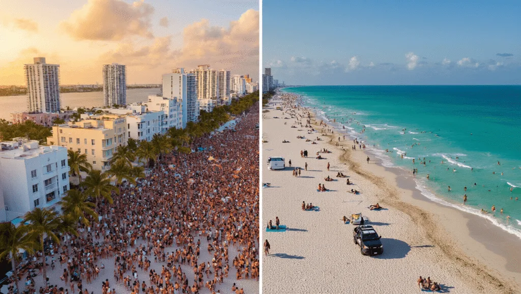 Miami Beach Spring Break: The Shocking Transformation You Never Saw Coming "Split-screen aerial photo of Miami Beach's Ocean Drive comparing a past chaotic spring break crowd and the current orderly scene with visible police and patrol vehicles, shot during golden hour from a drone perspective."