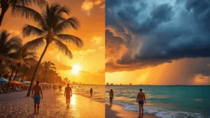 Miami in July: Your Ultimate Sizzling Summer Survival Guide "Tropical Miami Beach in July with sun-drenched sands, swaying palm trees, people in summer clothing, and an incoming afternoon thunderstorm creating a vibrant golden-orange sunset."