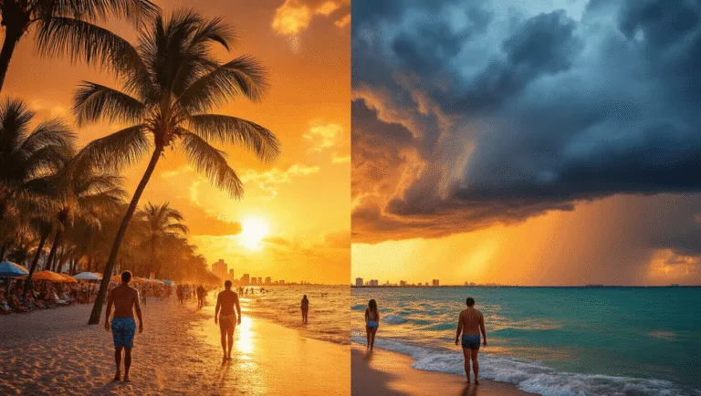 Miami in July: Your Ultimate Sizzling Summer Survival Guide "Tropical Miami Beach in July with sun-drenched sands, swaying palm trees, people in summer clothing, and an incoming afternoon thunderstorm creating a vibrant golden-orange sunset."