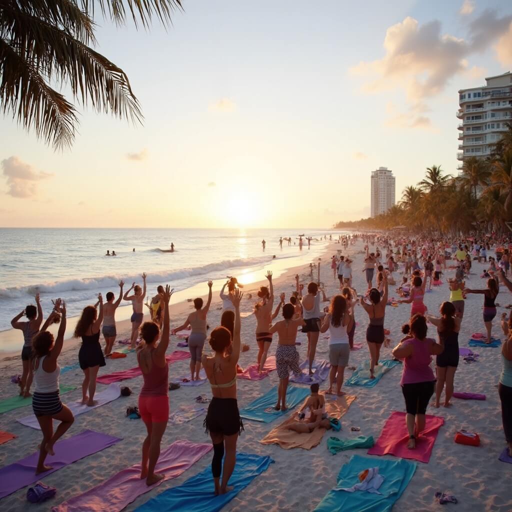 Miami Beach in October: Your Ultimate Tropical Escape Guide Diverse group participating in a beachfront yoga class at sunrise in Miami Beach, with surfers, gentle waves, palm trees and a pastel-colored sky in the background.