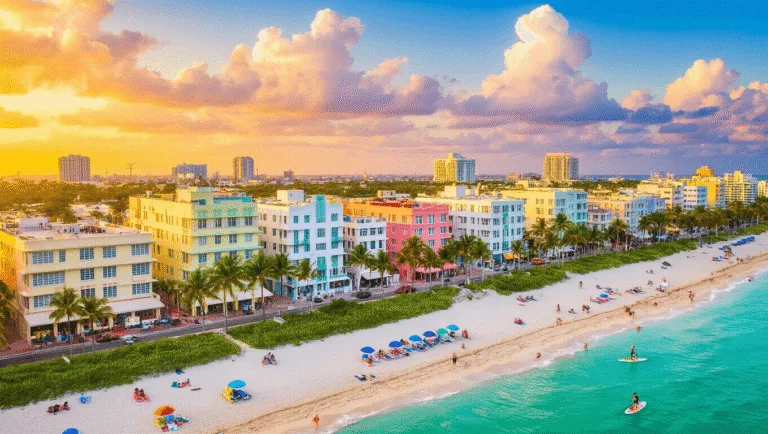 Why South Beach in June Will Make Your Summer Epic (Without Breaking the Bank) "Aerial view of South Beach Miami at sunset, highlighting pastel Art Deco buildings, turquoise water, white beaches, palm tree-lined streets, bustling beach activities, colorful umbrellas and paddleboarders in crystal clear water with cumulus clouds indicating a storm in the distance"