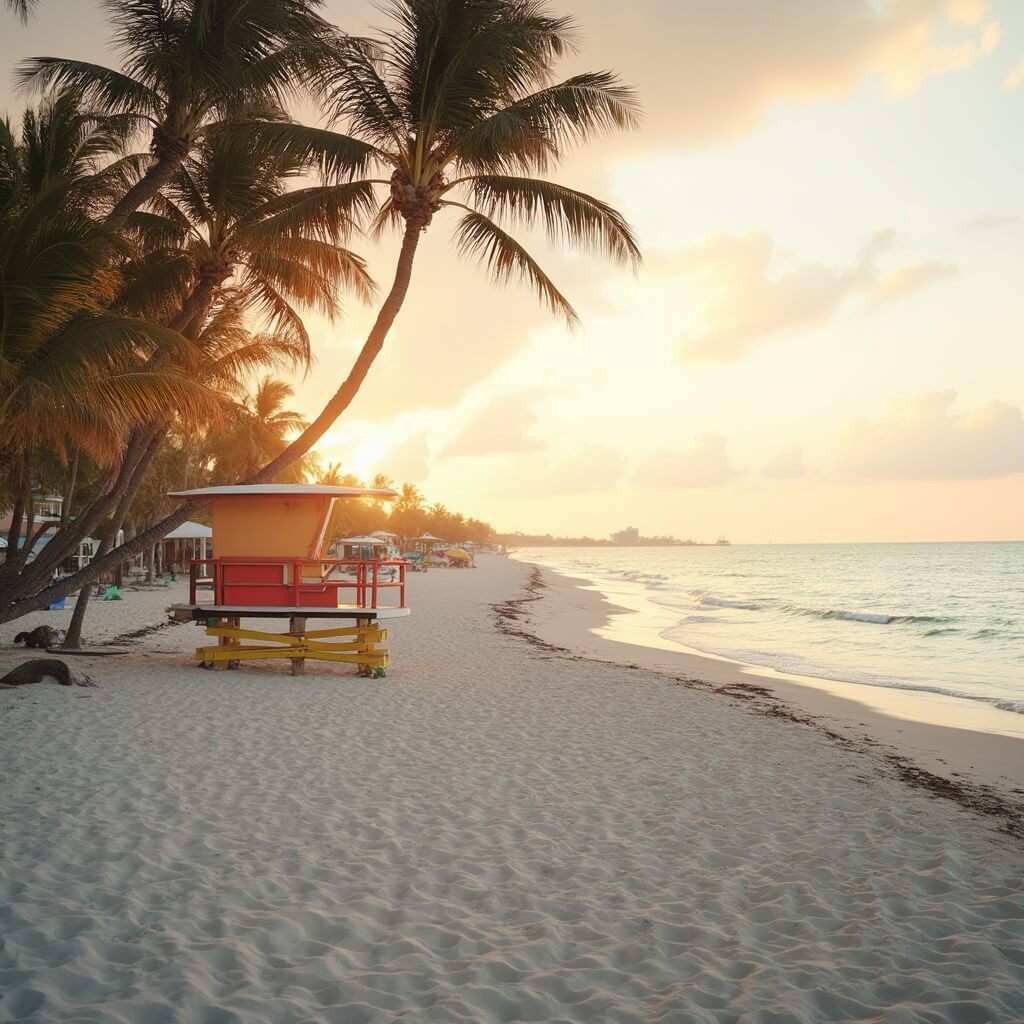 Why September is South Beach's Best-Kept Secret: Your Ultimate Insider's Guide Golden sunset at South Beach with palm trees, pristine sand, turquoise waters and Art Deco lifeguard stands