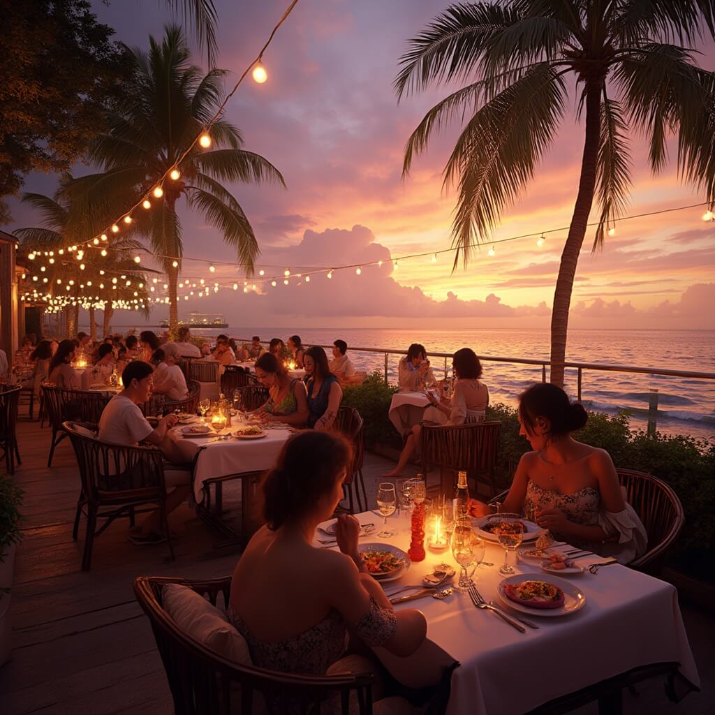 Why January is Miami's Best-Kept Travel Secret (And Why You Need to Go NOW) Diners enjoying fusion cuisine on a terrace of a waterfront restaurant in Miami at sunset, with string lights, swaying palm trees, and a vibrant orange and pink sky.