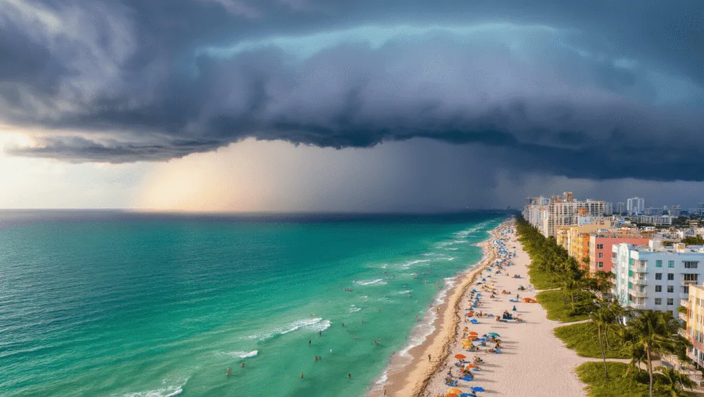 Unraveling Miami Beach's Wild Weather: Your Ultimate Survival Guide "Aerial view of Miami Beach's coastline on a summer afternoon, depicting a contrast of clear turquoise waters and looming storm clouds with visible lightning over the Art Deco district. Palm trees sway in the wind along Ocean Drive and sunbathers flee from the storm. The image dramatically captures the colorful beach scene and approaching weather, highlighting the pastel-colored South Beach skyline in golden afternoon light."