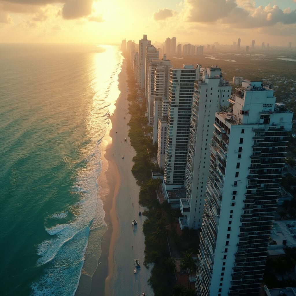 Unraveling Miami Beach's Wild Weather: Your Ultimate Survival Guide Aerial view of Miami Beach's urban landscape during golden hour, showing dense concrete buildings, scant green spaces and ocean contrast, heat waves rising off surfaces, exhibiting cinematic urban heat island effect.